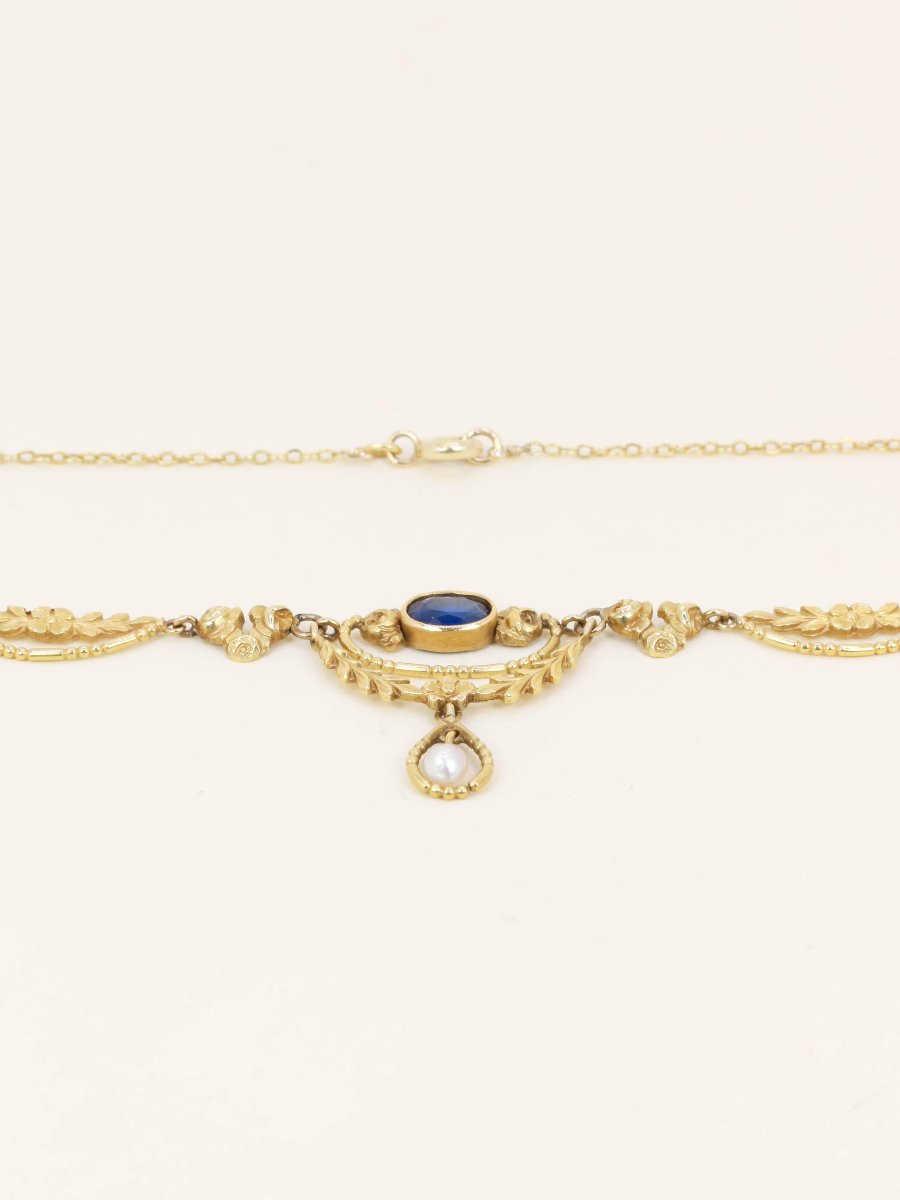 Art Nouveau Yellow Gold Sapphire Pearl Drapery Necklace-photo-1