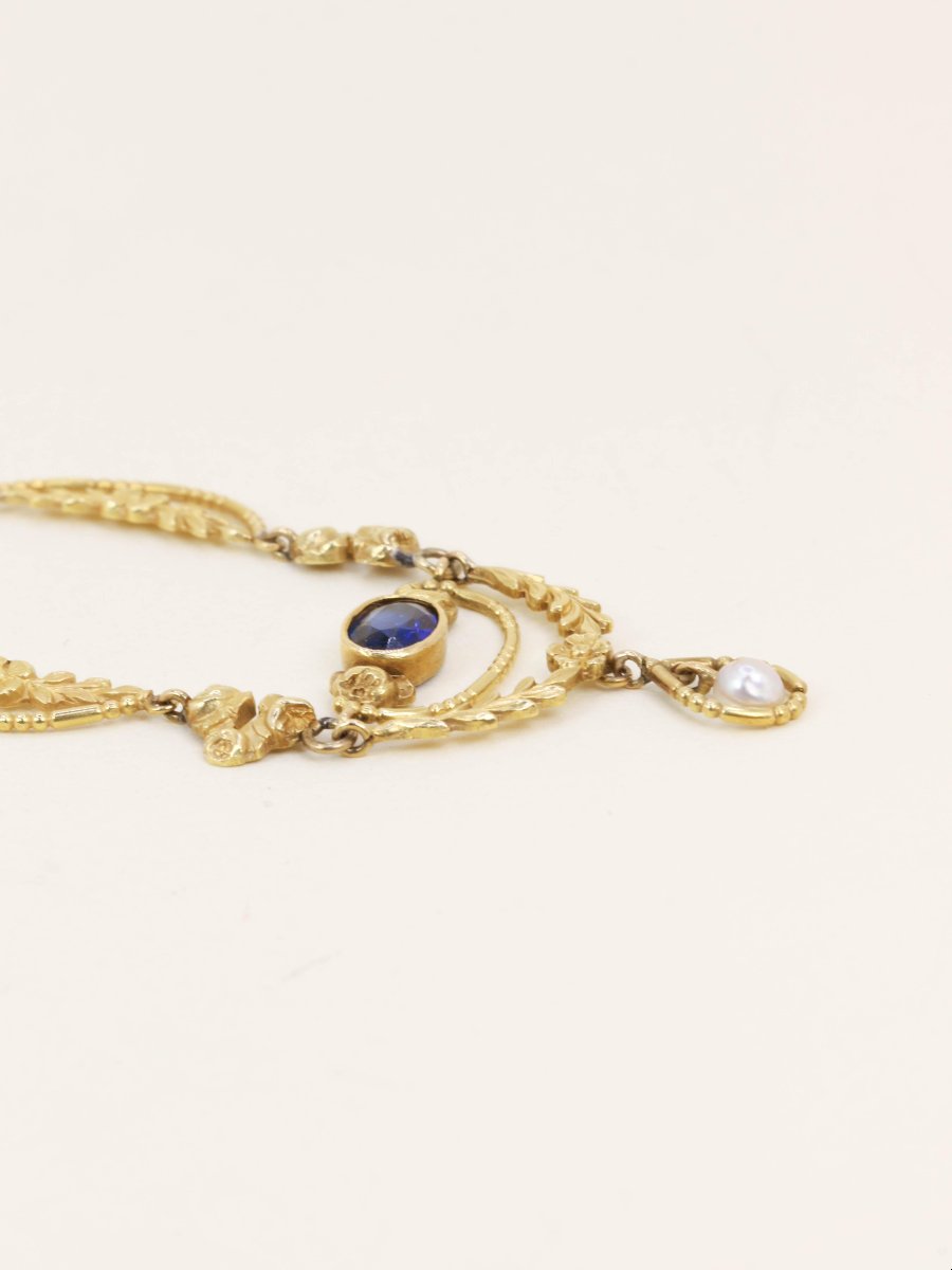 Art Nouveau Yellow Gold Sapphire Pearl Drapery Necklace-photo-2
