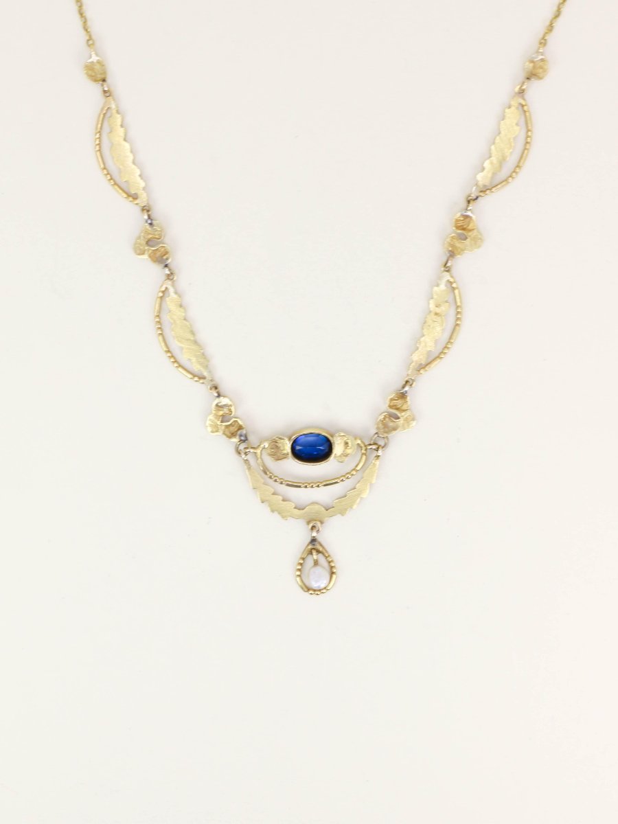 Art Nouveau Yellow Gold Sapphire Pearl Drapery Necklace-photo-3