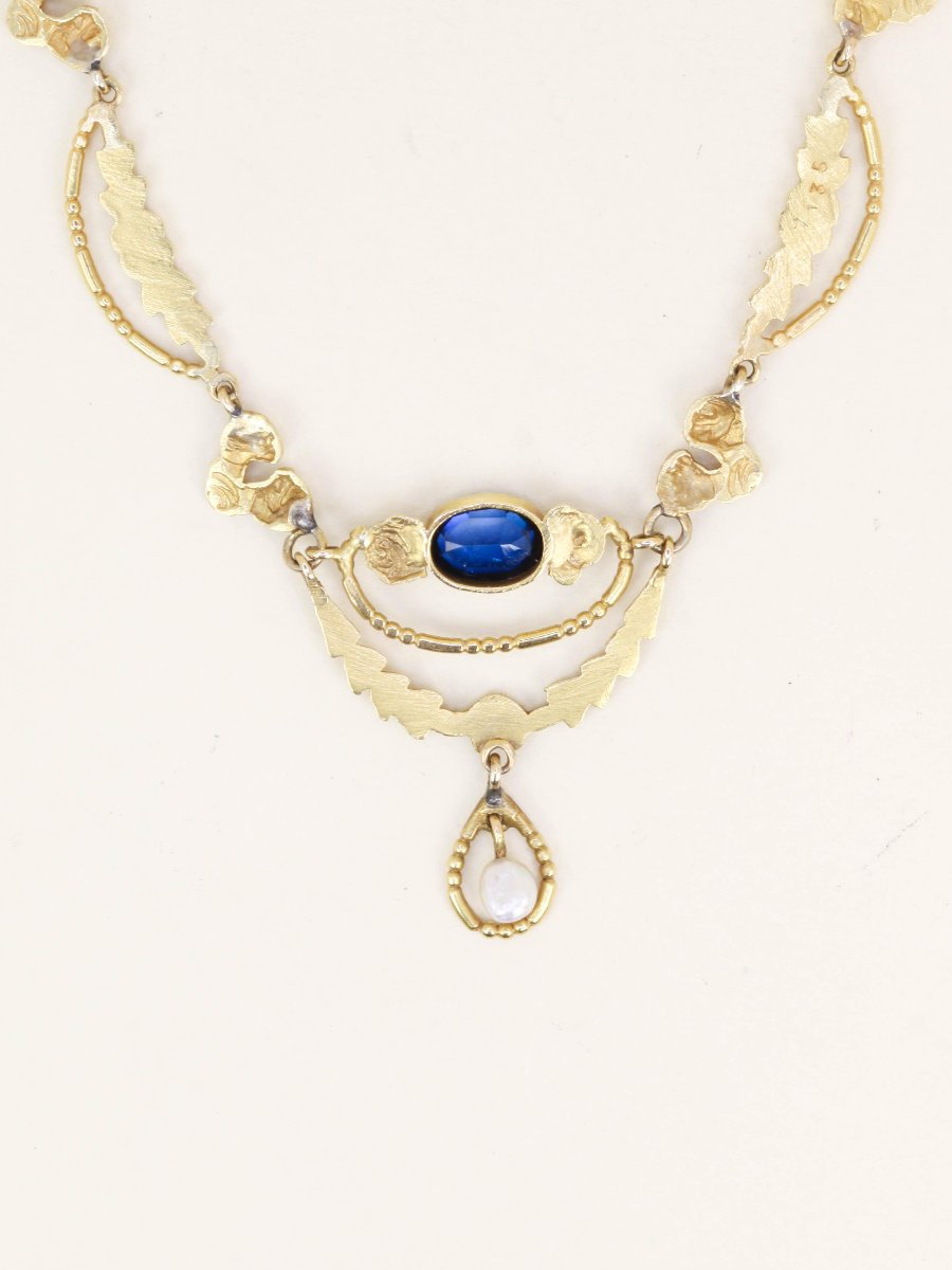 Art Nouveau Yellow Gold Sapphire Pearl Drapery Necklace-photo-4