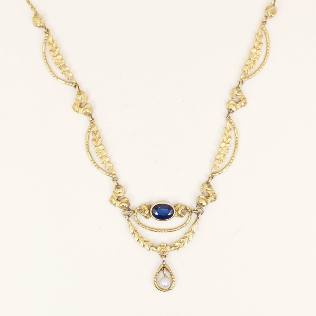 Art Nouveau Yellow Gold Sapphire Pearl Drapery Necklace