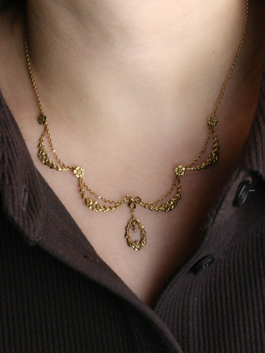 Collier draperie Art Nouveau or jaune perles-photo-2