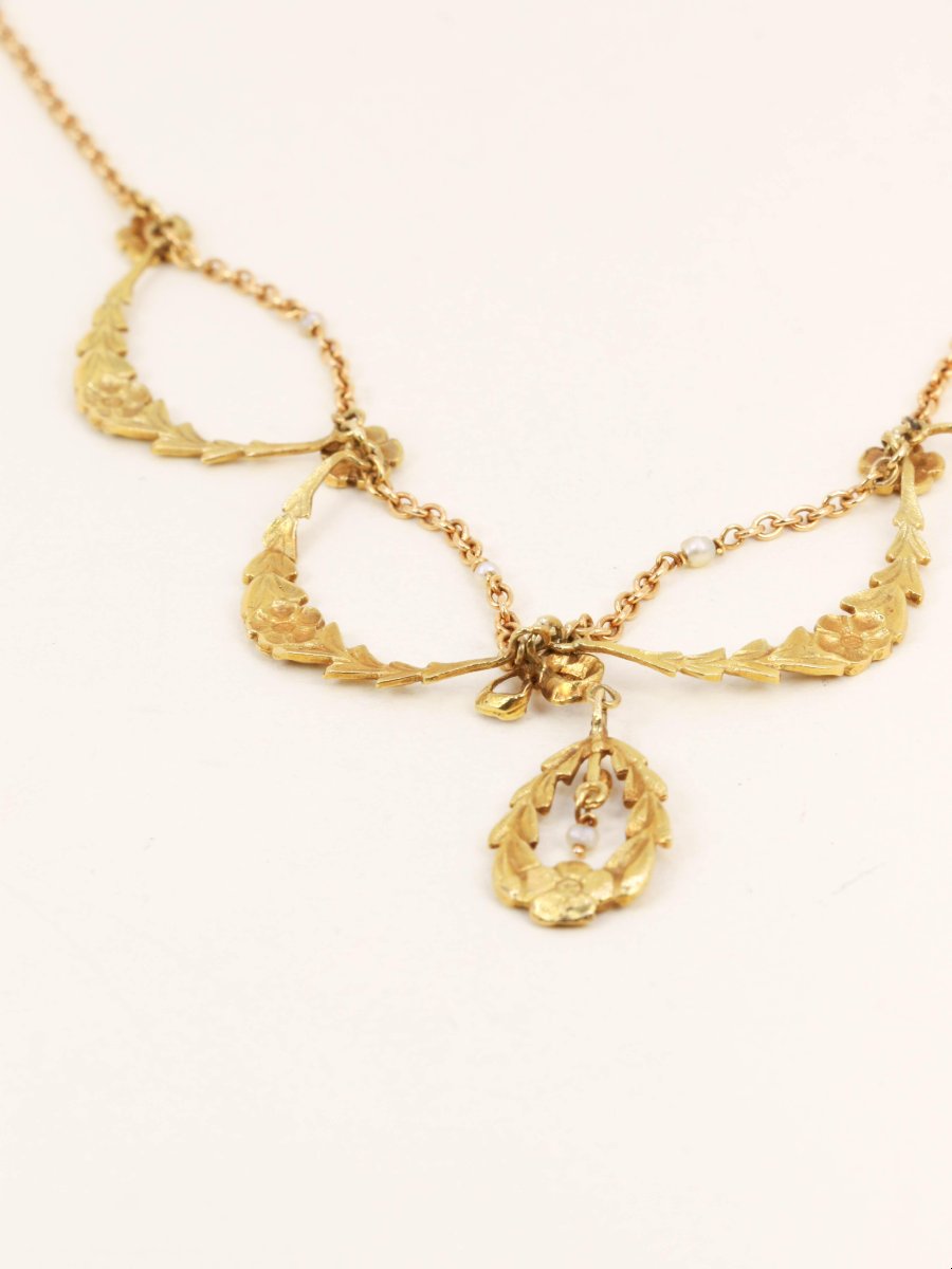 Collier draperie Art Nouveau or jaune perles-photo-4