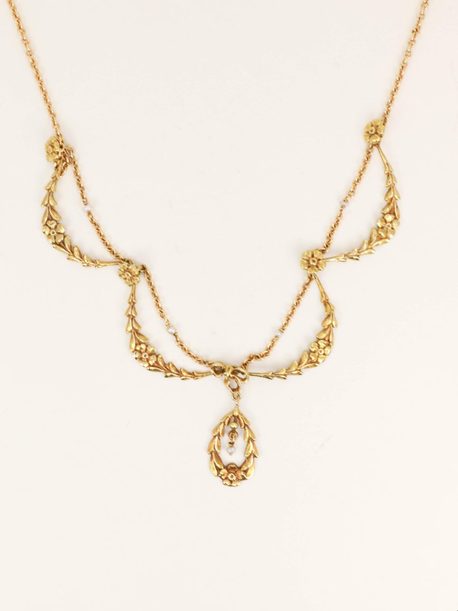 Collier draperie Art Nouveau or jaune perles-photo-2