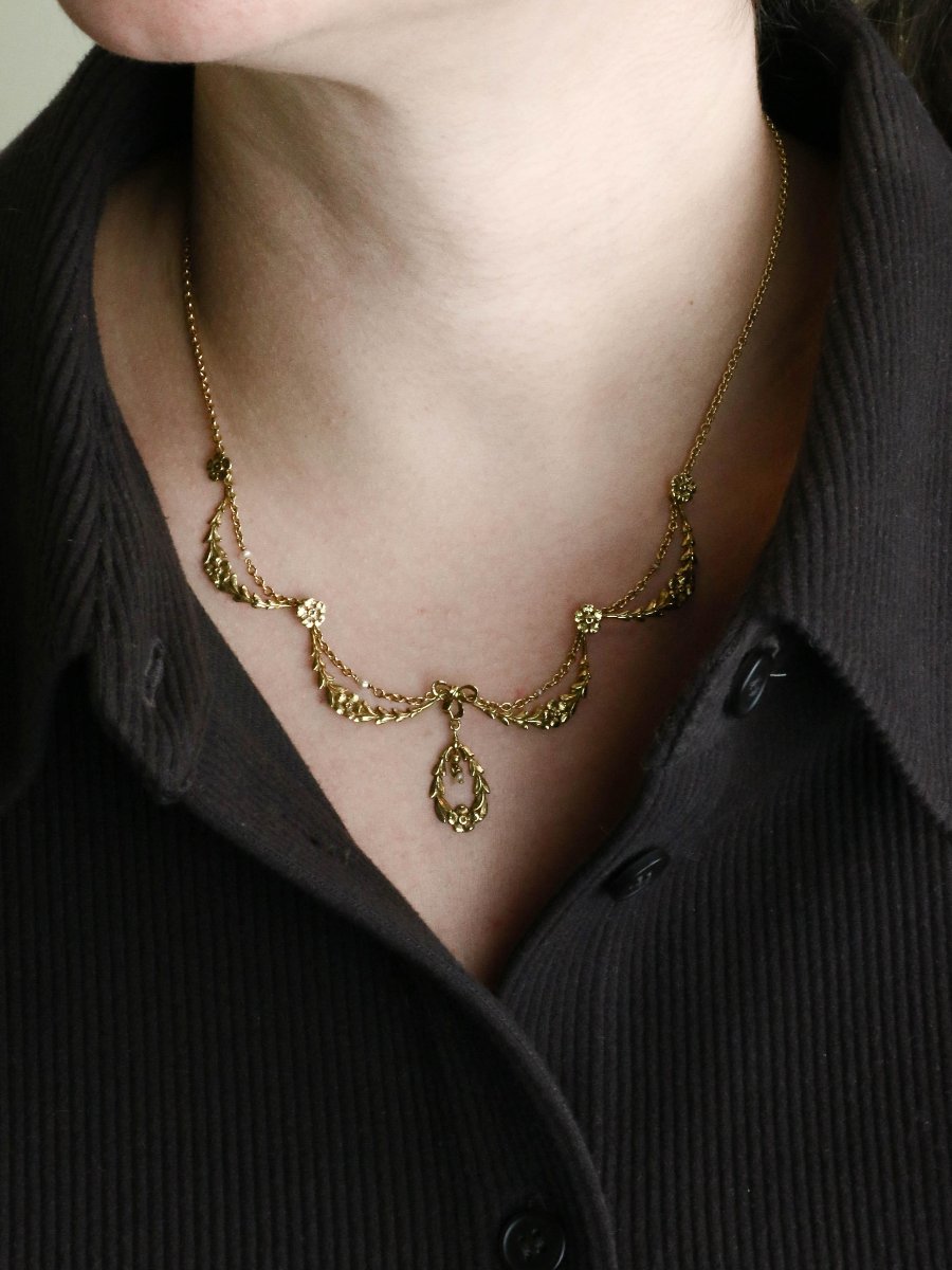Collier draperie Art Nouveau or jaune perles-photo-3