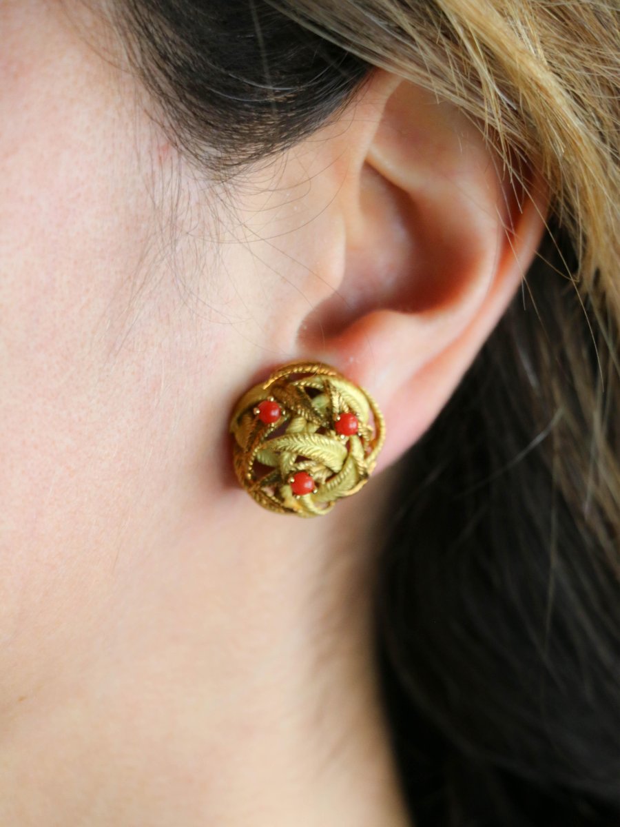 Clips d'oreilles vintage feuille or jaune corail-photo-2