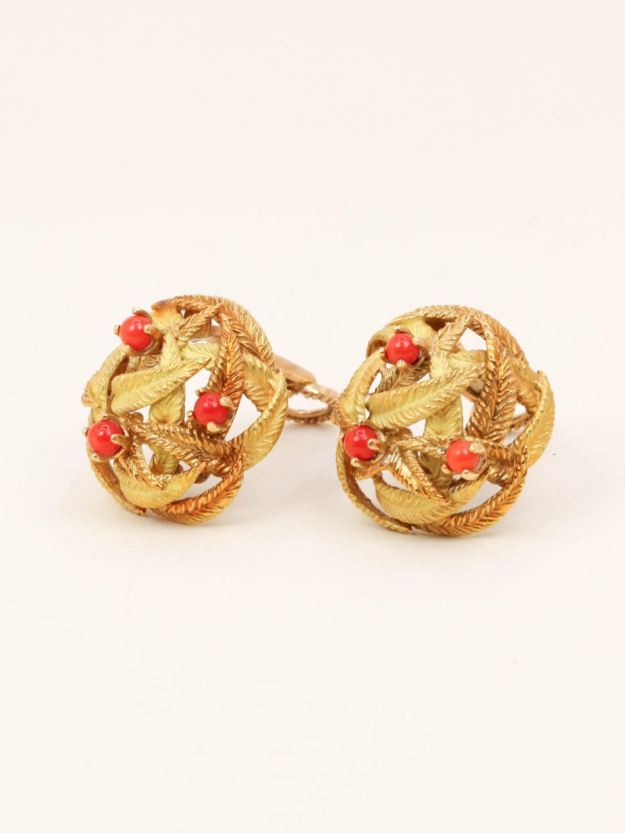 Clips d'oreilles vintage feuille or jaune corail-photo-3