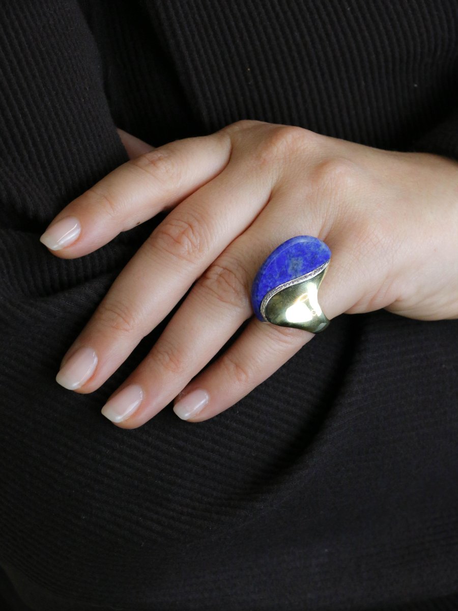 Yellow Gold Cocktail Ring Lapis Lazuli Diamonds-photo-2