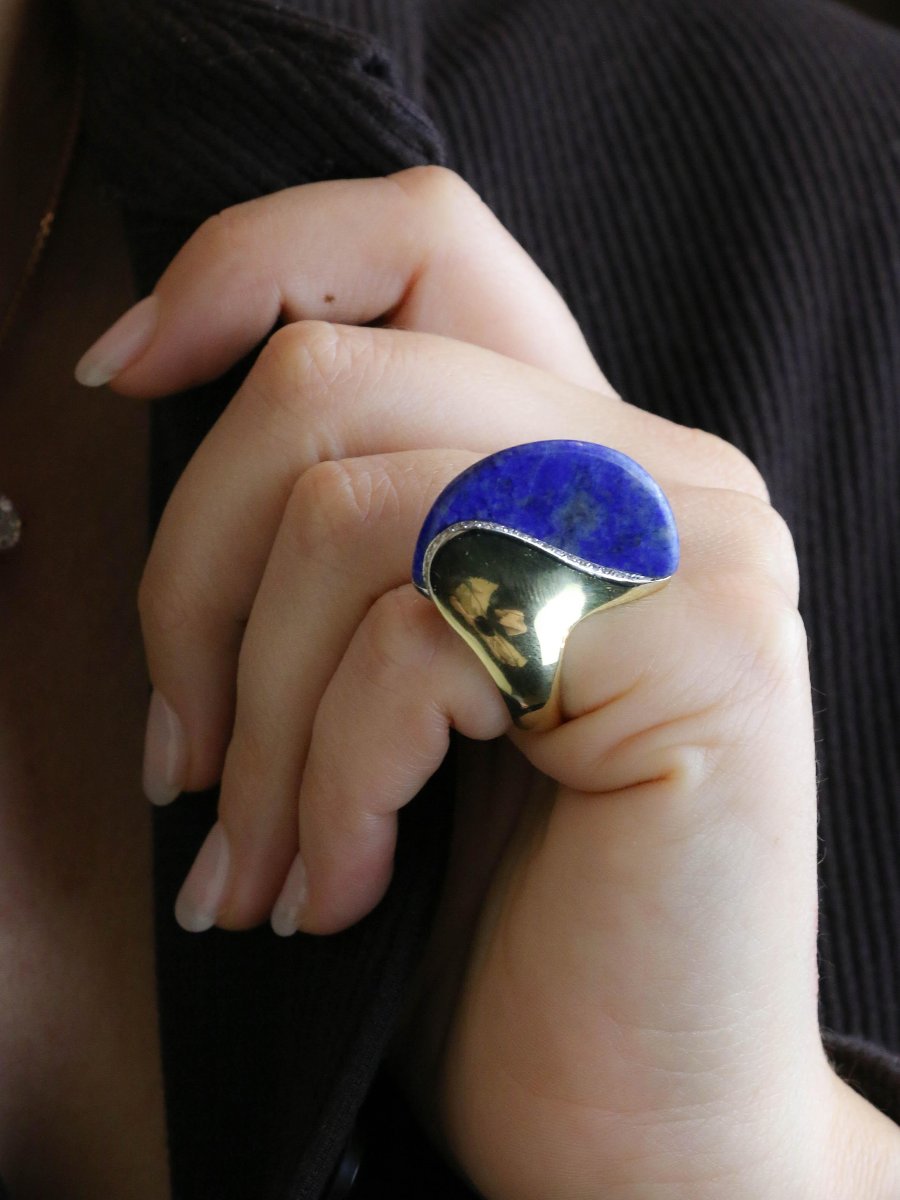 Yellow Gold Cocktail Ring Lapis Lazuli Diamonds-photo-3