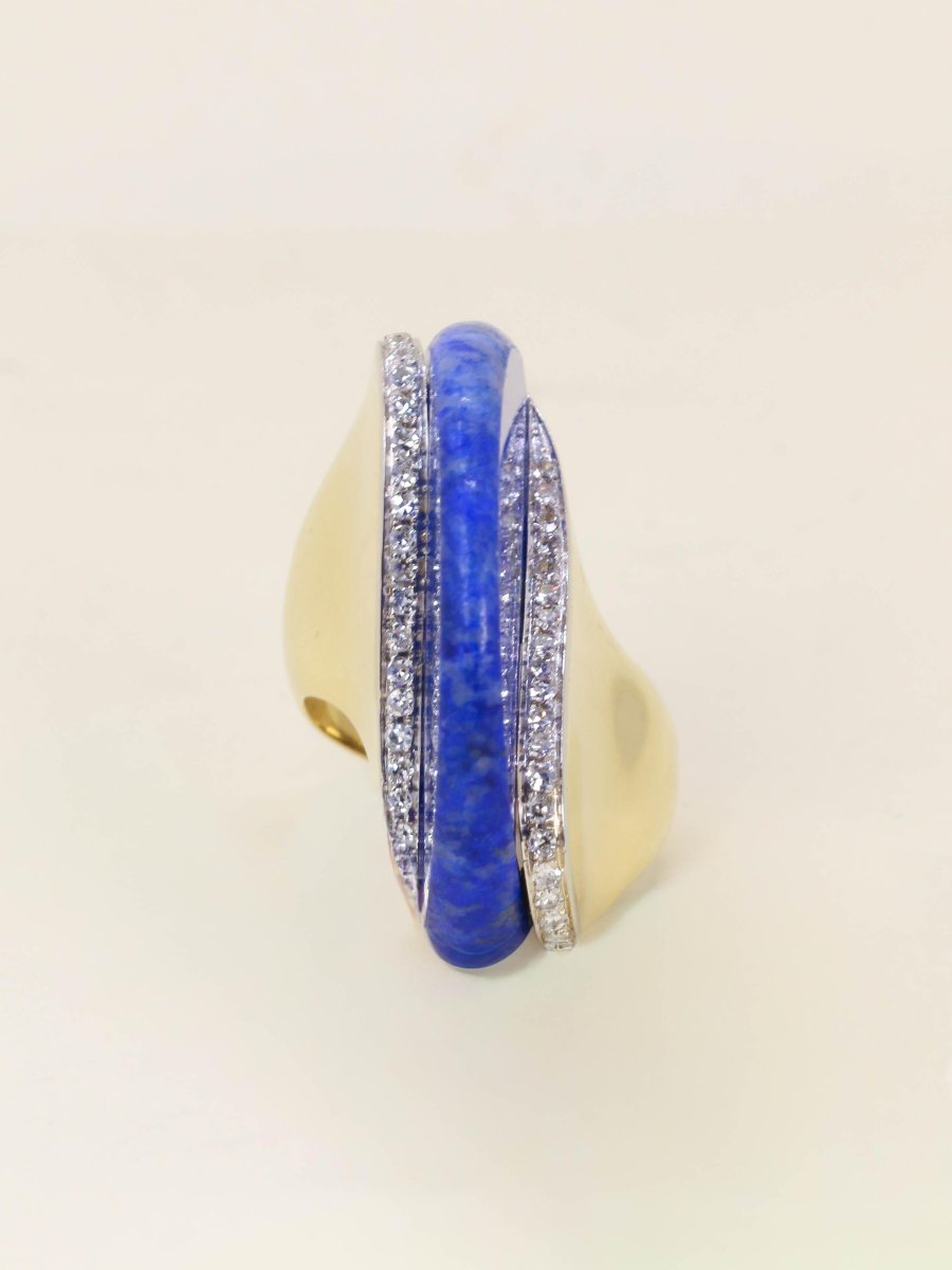Yellow Gold Cocktail Ring Lapis Lazuli Diamonds-photo-1