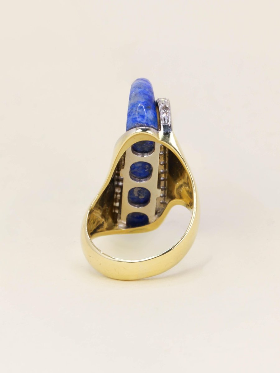Yellow Gold Cocktail Ring Lapis Lazuli Diamonds-photo-2