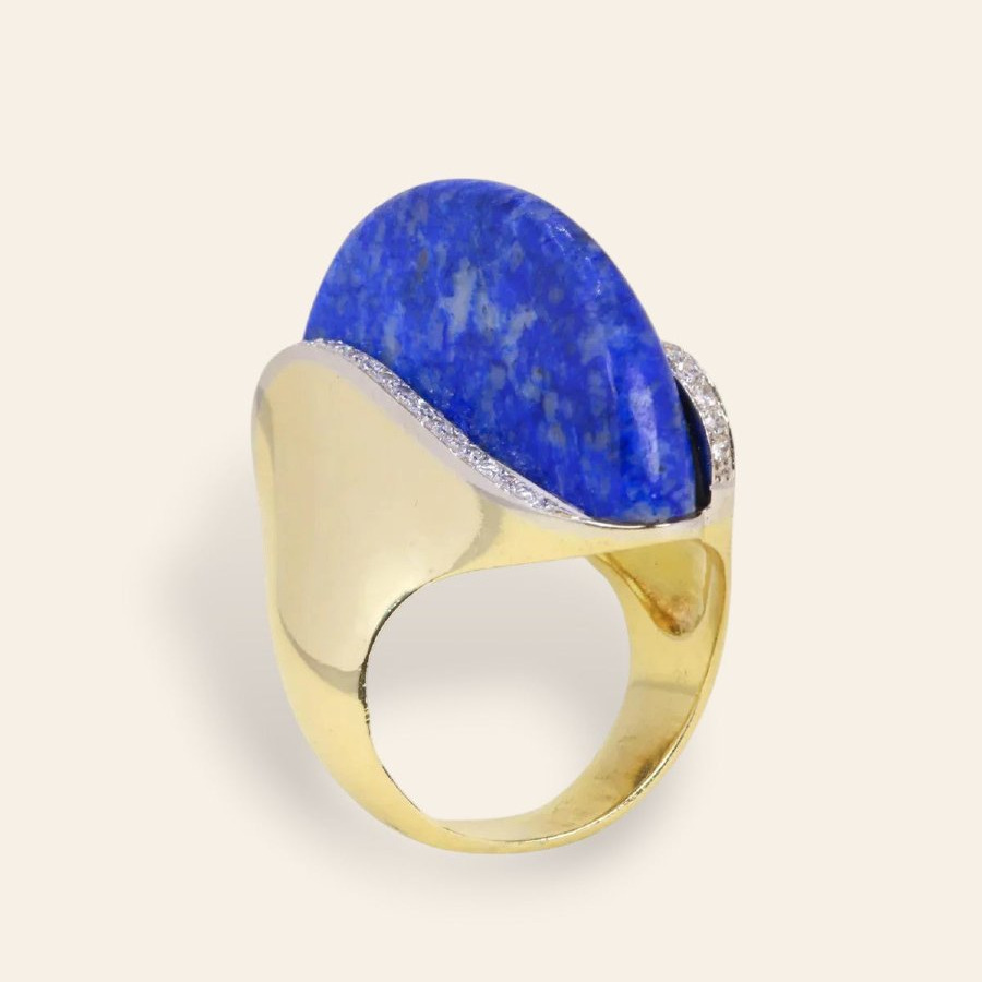 Yellow Gold Cocktail Ring Lapis Lazuli Diamonds