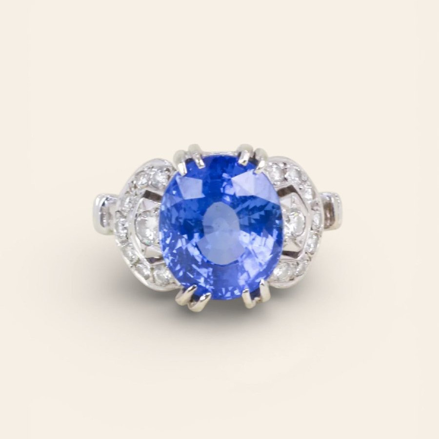 Art Deco Unheated Ceylon Sapphire Ring 7.37 Carats