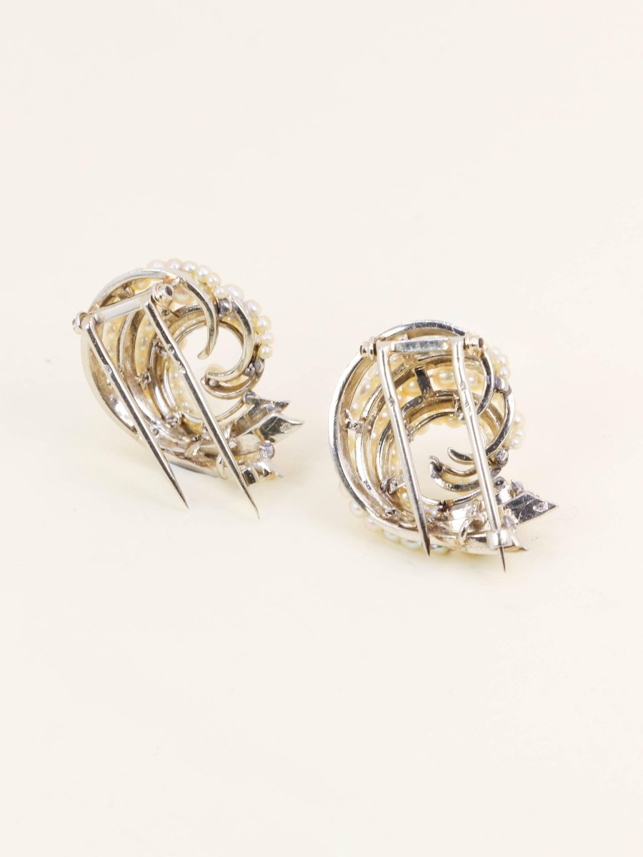 Double Shell Clips White Gold Fine Pearls-photo-2