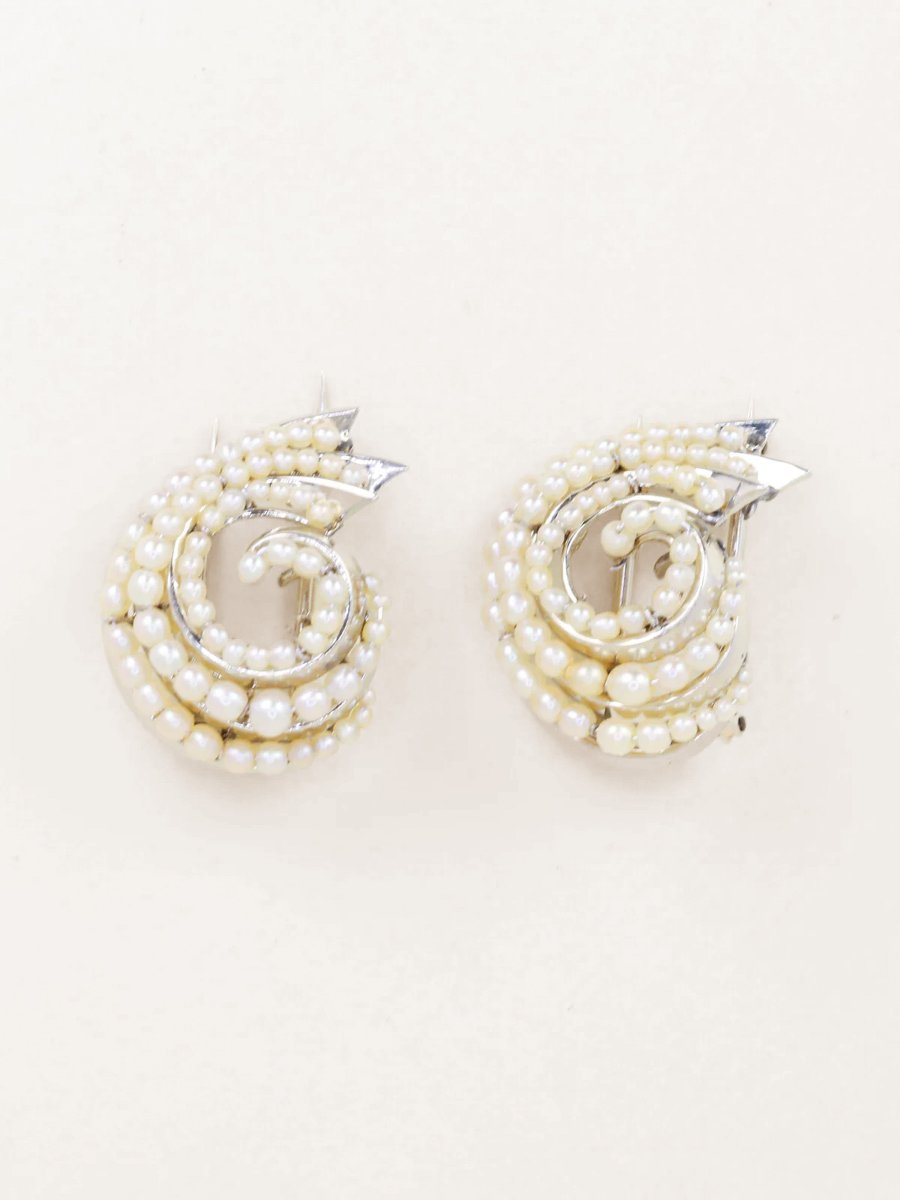 Double Shell Clips White Gold Fine Pearls-photo-3