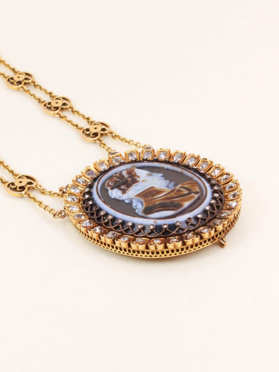 Georges Bissinger Yellow Gold Cameo Necklace Diamonds-photo-3