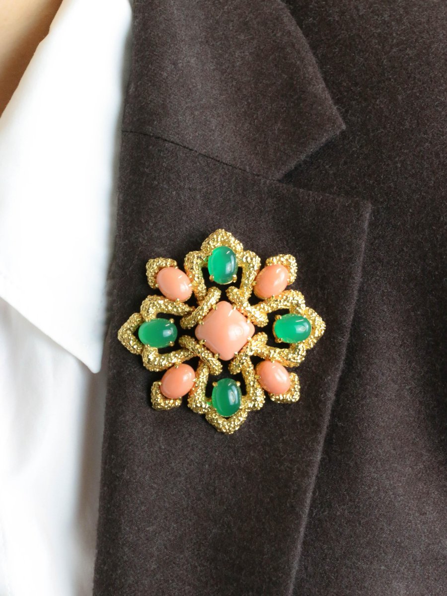 Van Cleef & Arpels Delphos Pendant Brooch Yellow Gold Coral Chrysoprase-photo-2
