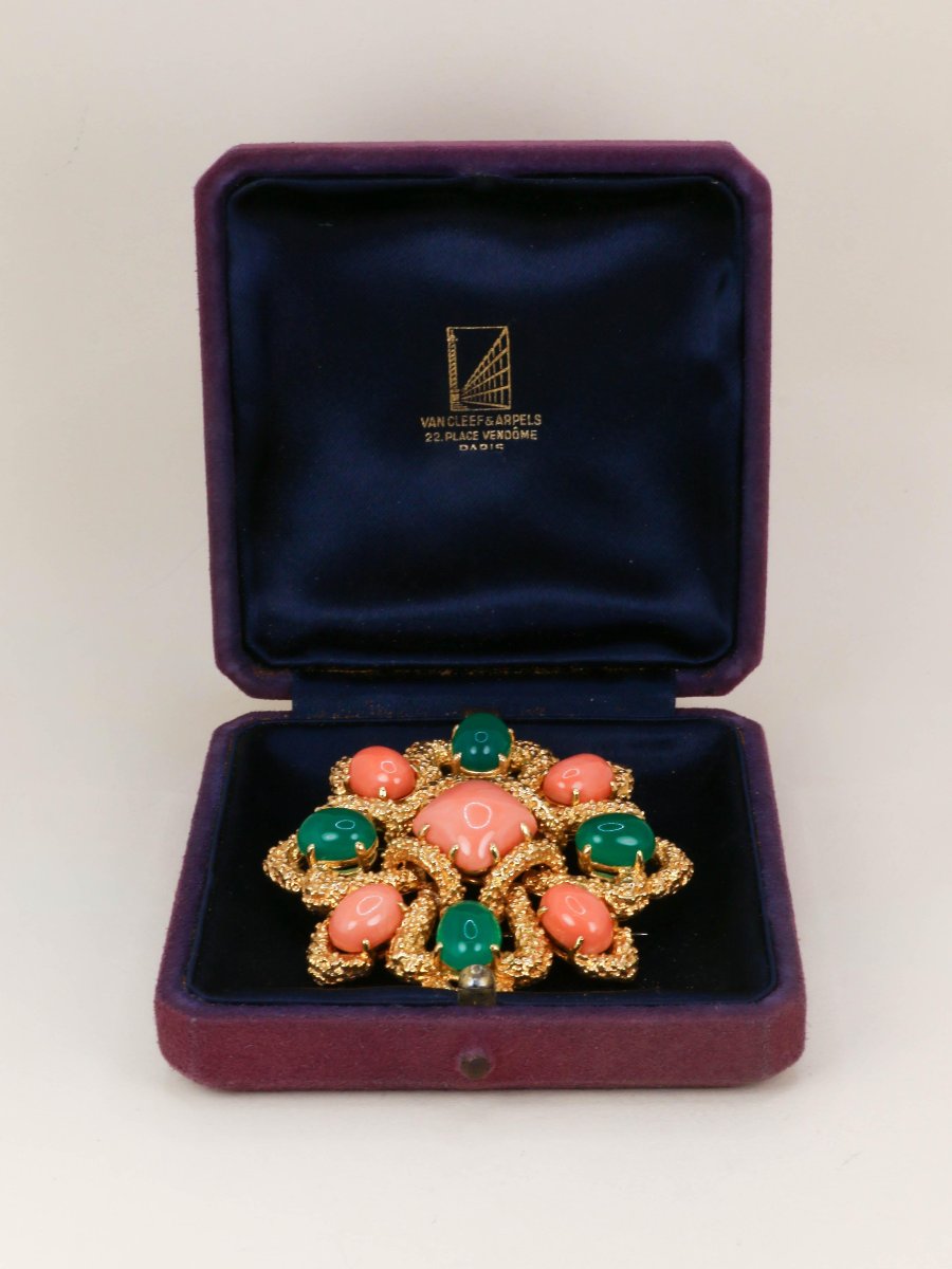 Van Cleef & Arpels Delphos Pendant Brooch Yellow Gold Coral Chrysoprase-photo-5