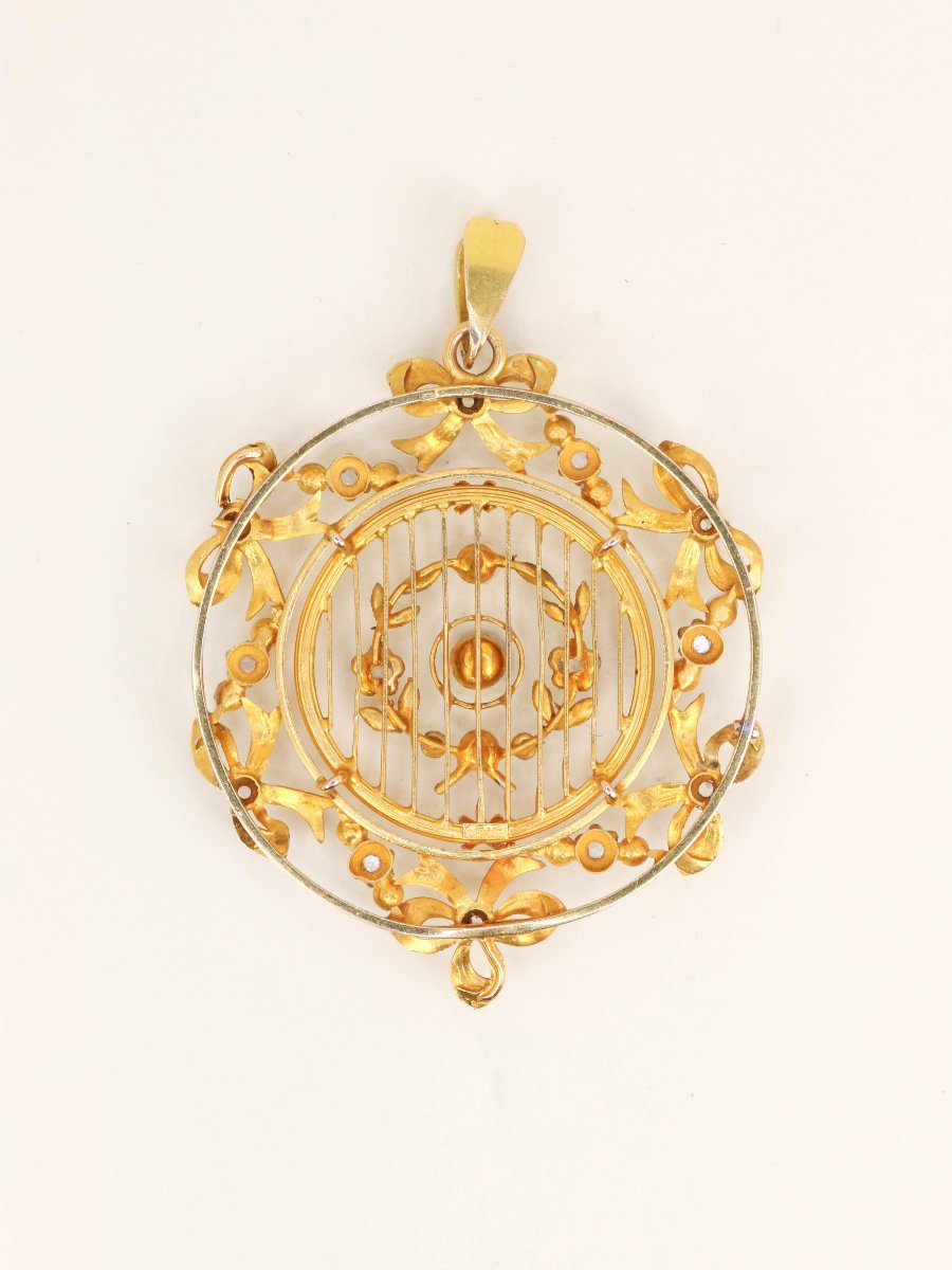 Pendentif rond Belle Epoque or jaune perles diamants-photo-2