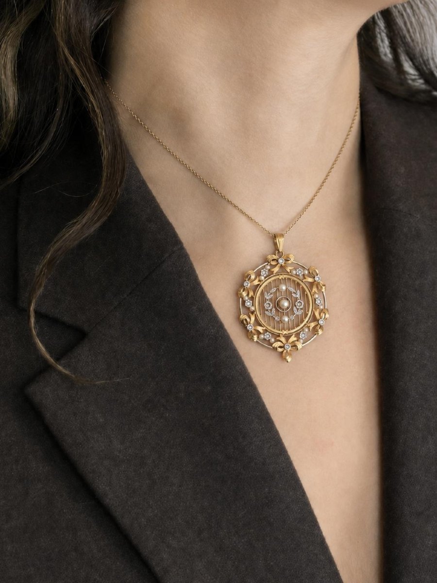 Pendentif rond Belle Epoque or jaune perles diamants-photo-3