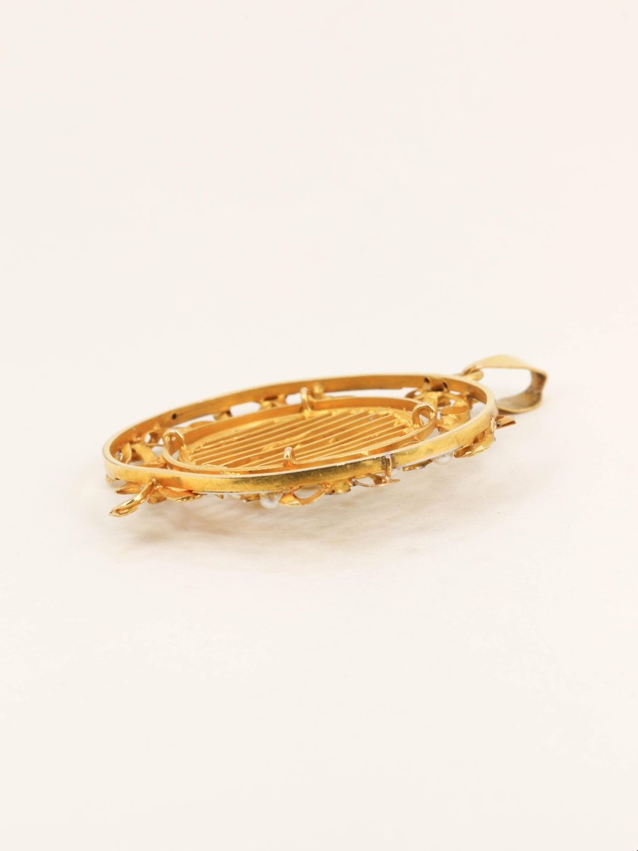 Pendentif rond Belle Epoque or jaune perles diamants-photo-4
