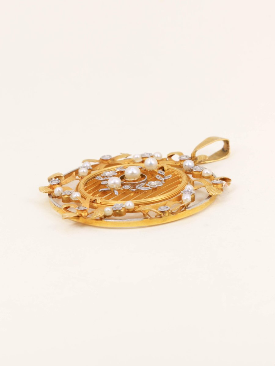 Pendentif rond Belle Epoque or jaune perles diamants-photo-1