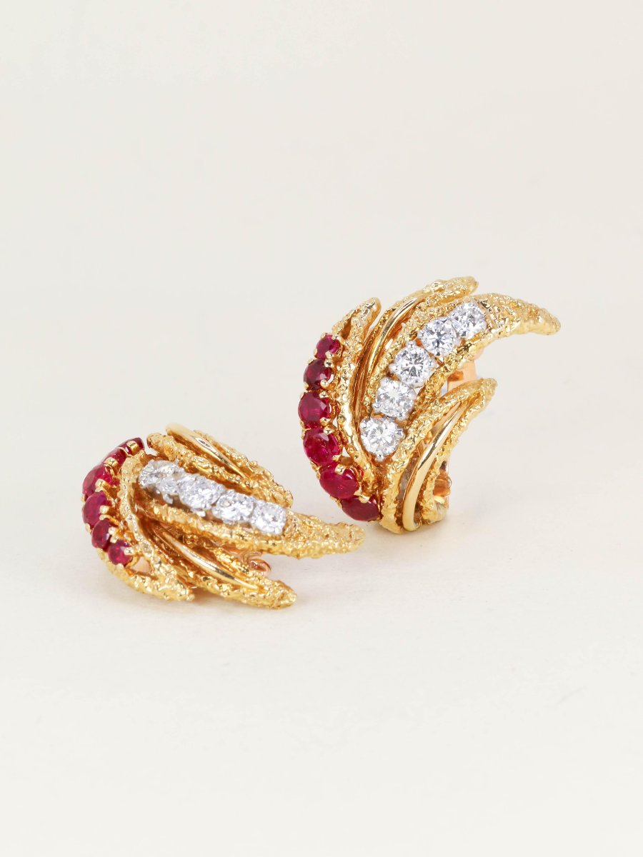 VAN CLEEF & ARPELS Boucles d'oreilles Feuilles or jaune rubis diamants-photo-3