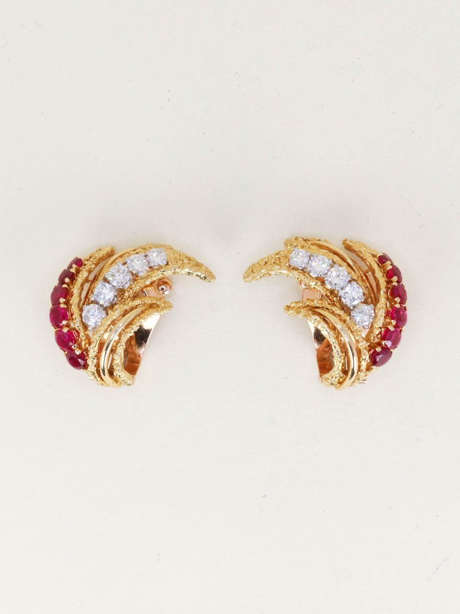 VAN CLEEF & ARPELS Boucles d'oreilles Feuilles or jaune rubis diamants-photo-4
