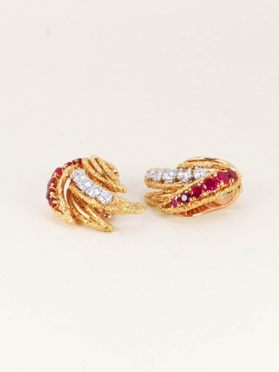 VAN CLEEF & ARPELS Boucles d'oreilles Feuilles or jaune rubis diamants-photo-6