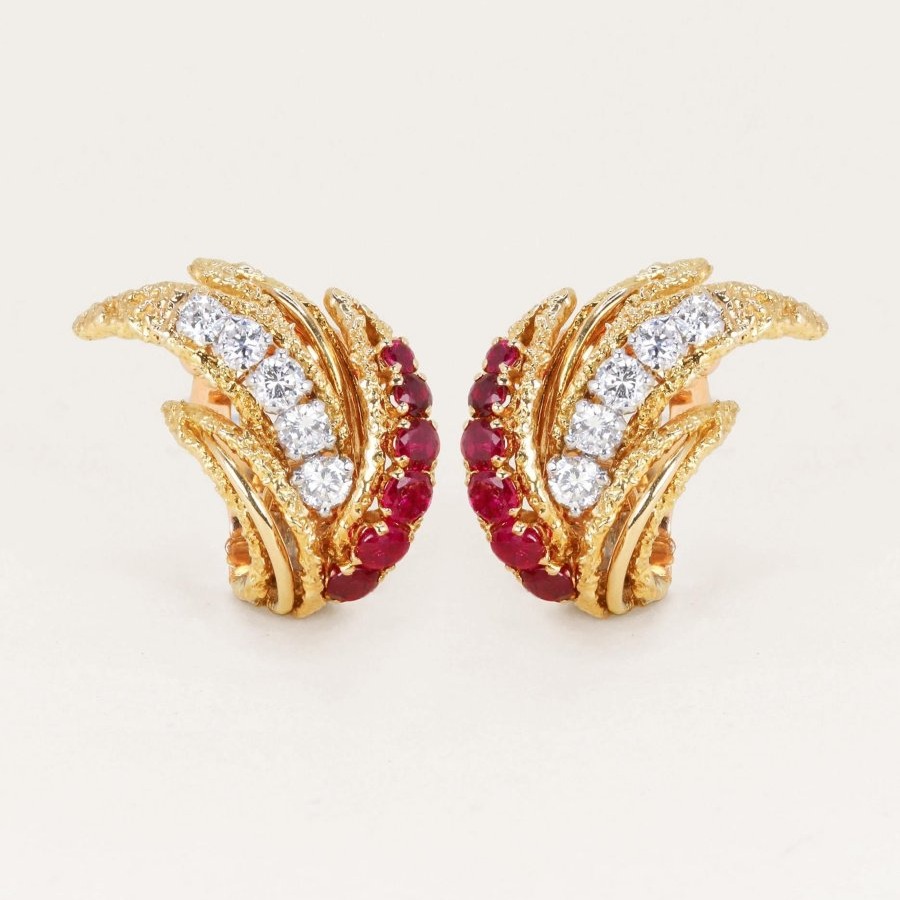 VAN CLEEF & ARPELS Boucles d'oreilles Feuilles or jaune rubis diamants