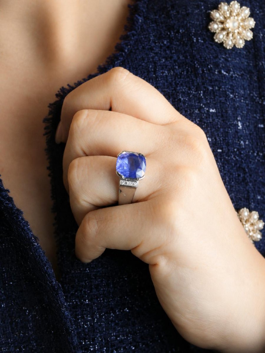 Bague cocktail Or blanc Saphir coussin Ceylan 10,81 carats-photo-4