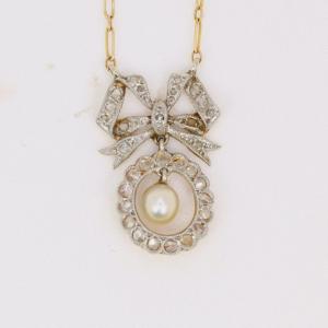 Collier Noeud Belle Epoque En Or, Diamants Et Perle Fine