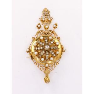 Napoleon III Brooch Pendant In Gold, Diamonds And Fine Pearls