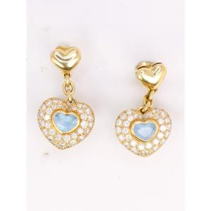 Boucles d'Oreilles Pendantes Coeur En Or, Diamants Et Aigue-marine