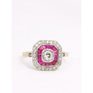 Art-deco Ring In Gold, Platinum, Old Cut Diamonds And Calibrated Rubies