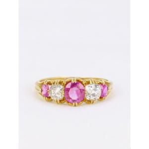 Yellow Gold Garter Ring, Pink Sapphires And Old Cut Diamonds