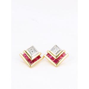 Vintage Emerald Cut Diamond And Calibrated Ruby Earrings
