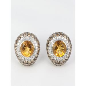 Clips D’oreilles Vintage En Or, Citrines, Diamants Blancs Et Champagne