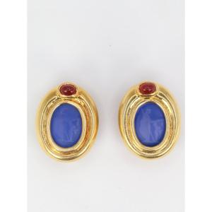 Clips D’oreilles Vintage En Or, Intaille En Verre Bleu Et Cornaline