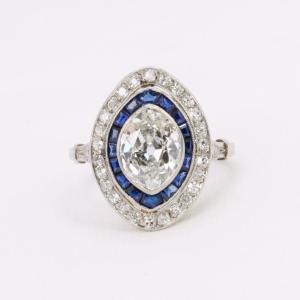 Marquise Art Deco Ring Calibrated Sapphires Diamond 2.15 Ct 