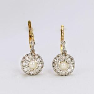 Boucles d'Oreilles Dormeuses Anciennes Perles Diamants Taille Rose