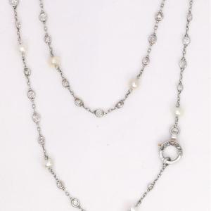 Sautoir Belle Epoque platine or perles fines diamants 16 carats