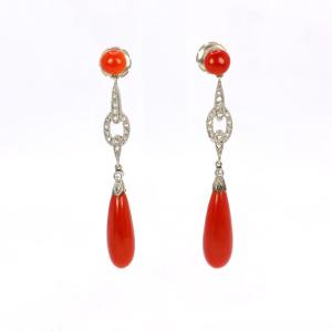 Art Deco Red Coral Rose-cut Diamond Drop Earrings