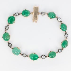 Antique Bracelet With Emerald Cabochons And Yellow Gold Diamonds