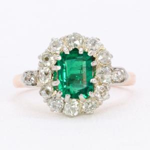 Bague marguerite ancienne or rose émeraude colombienne diamants