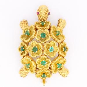 Yellow Gold Turtle Brooch With Emeralds And Rubies