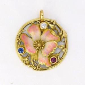 Maison Menu Art Nouveau Flower Pendant Yellow Gold Enamel Diamond Ruby Sapphire