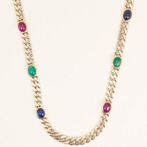 Sautoir Maille Gourmette Chain Yellow Gold Sapphires Rubies Emeralds