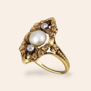 Art Nouveau Marquise Ring Yellow Gold Fine Pearl Diamonds
