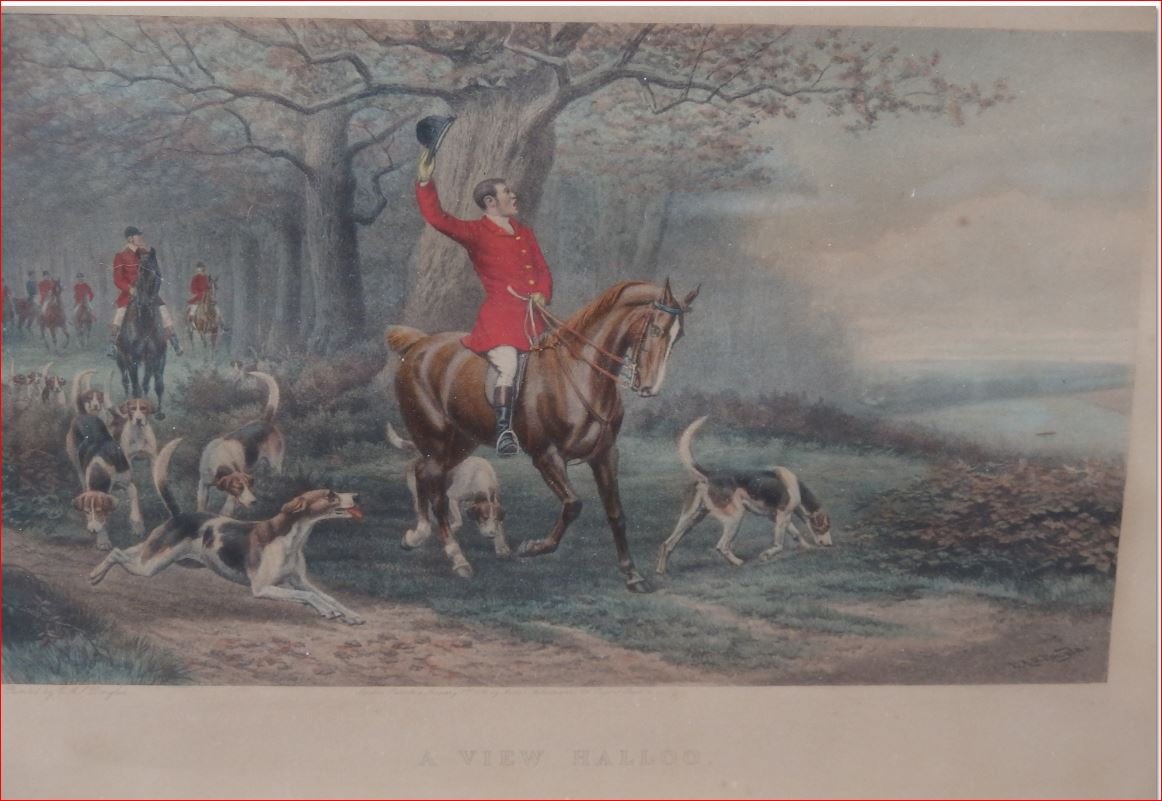 Gravure polychrome , scéne de chasse à cour.-photo-2